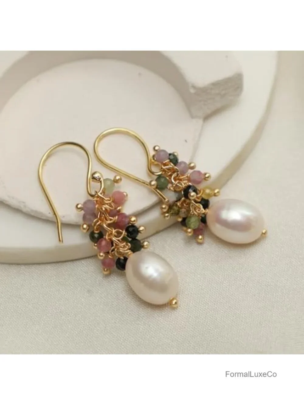 Handmade Gemstone Bead Dangle Earrings Gold Plated Hypoallergenic